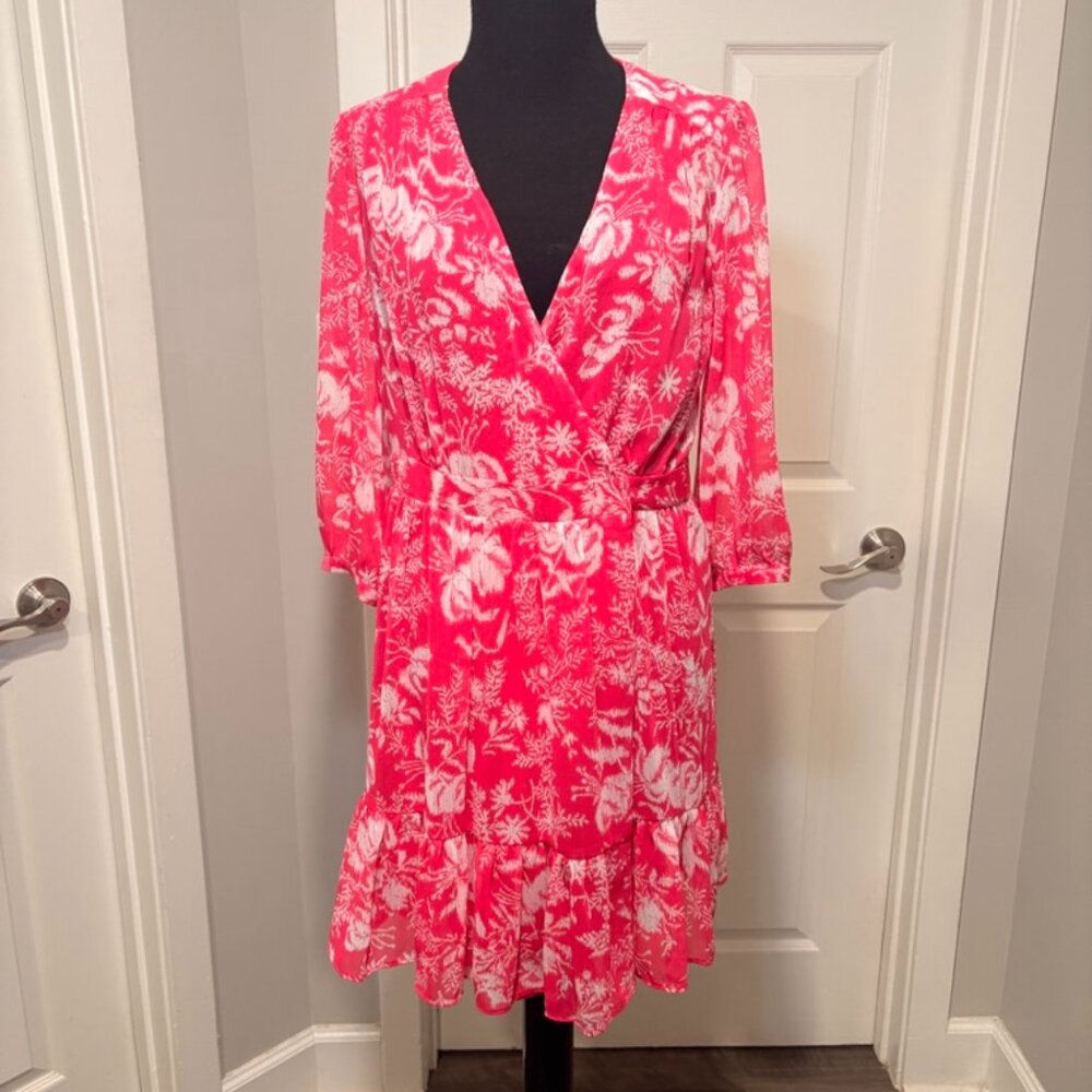 BA&SH Hot Pink with White Floral Print Party Wrap Mini Dress, Sz M
